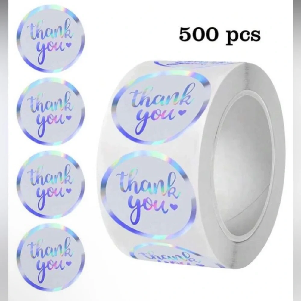 500 Count Thank You Stickers Roll 1 inch Round Holographic New Sealed Pack